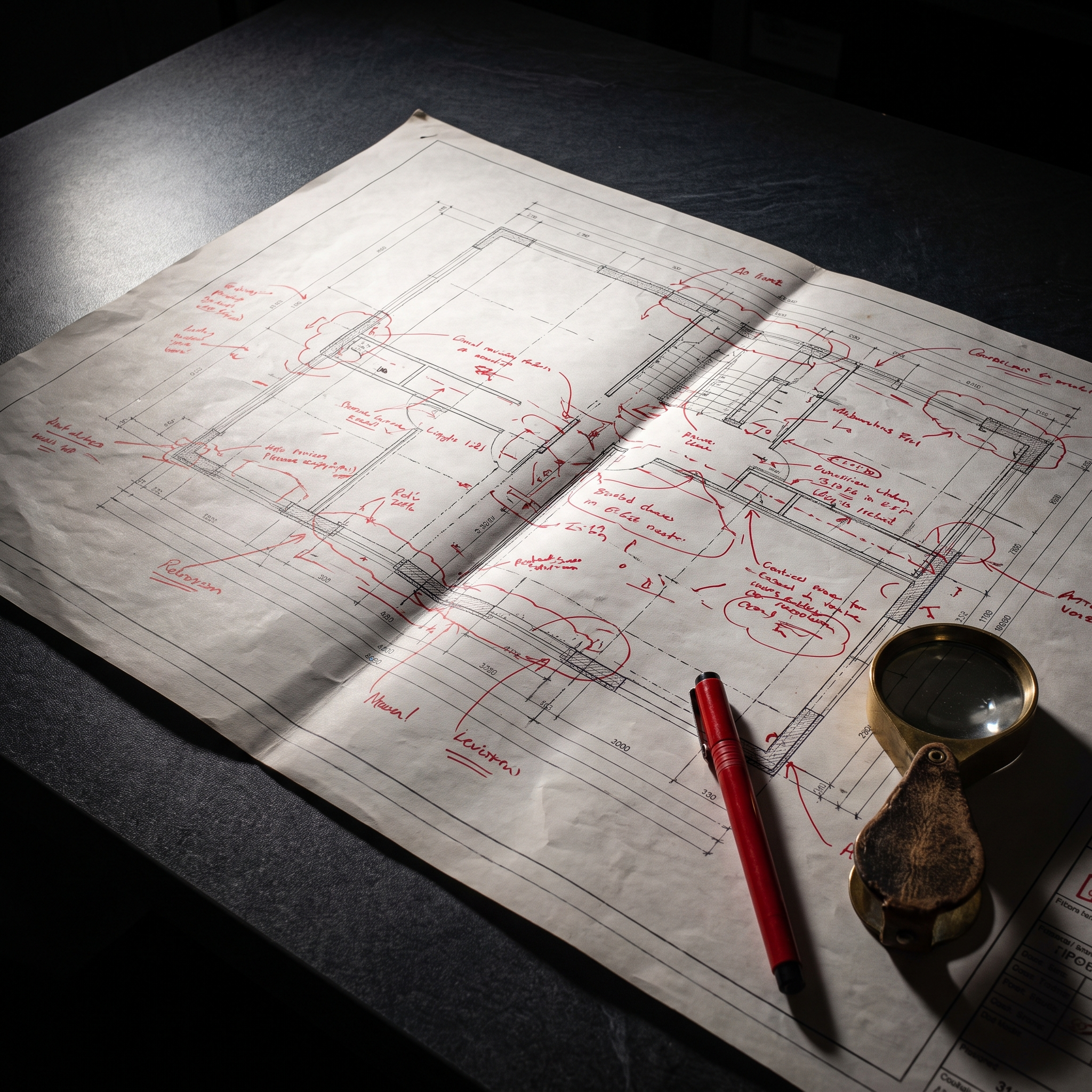 Drawing marked up in red pen with a magnifier alongside